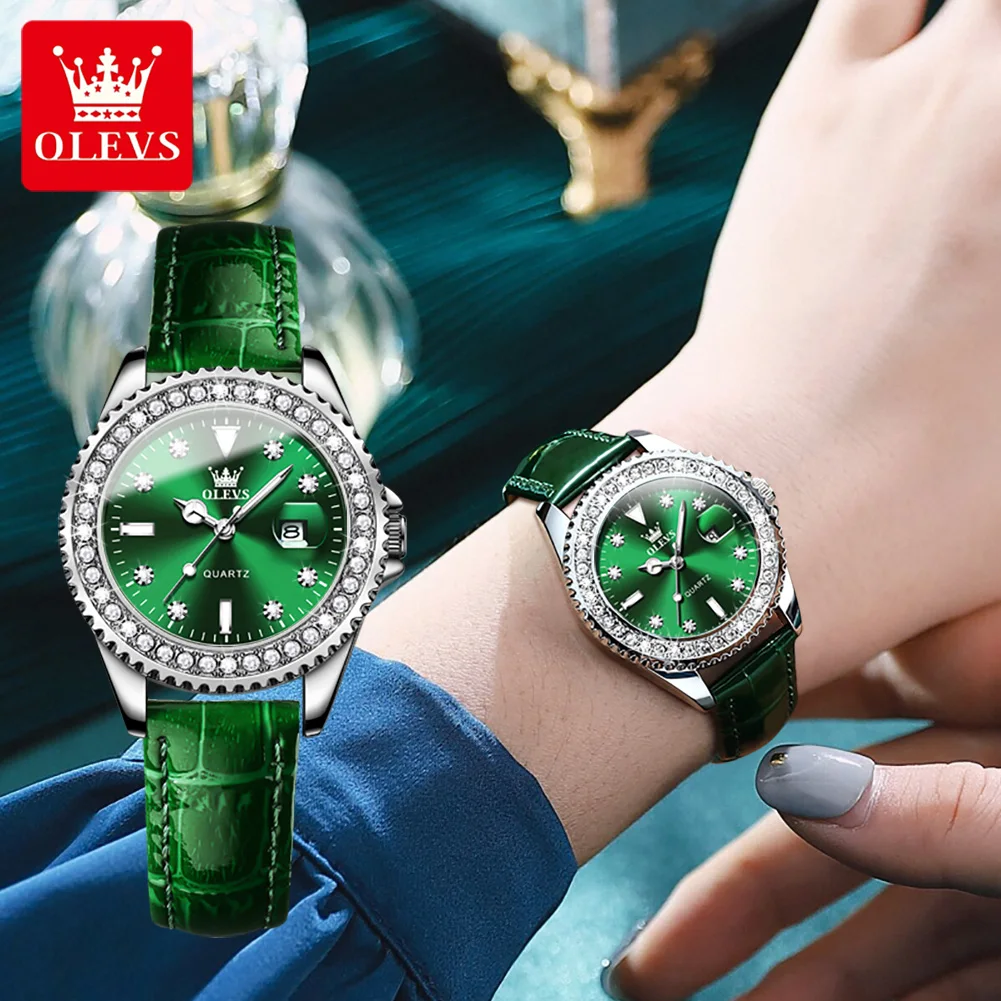 OLEVS New Luxury Diamond Quarzt Watch Women Fashion Green Leather Waterproof Luminous Calendar Watches Female Relogio Feminino