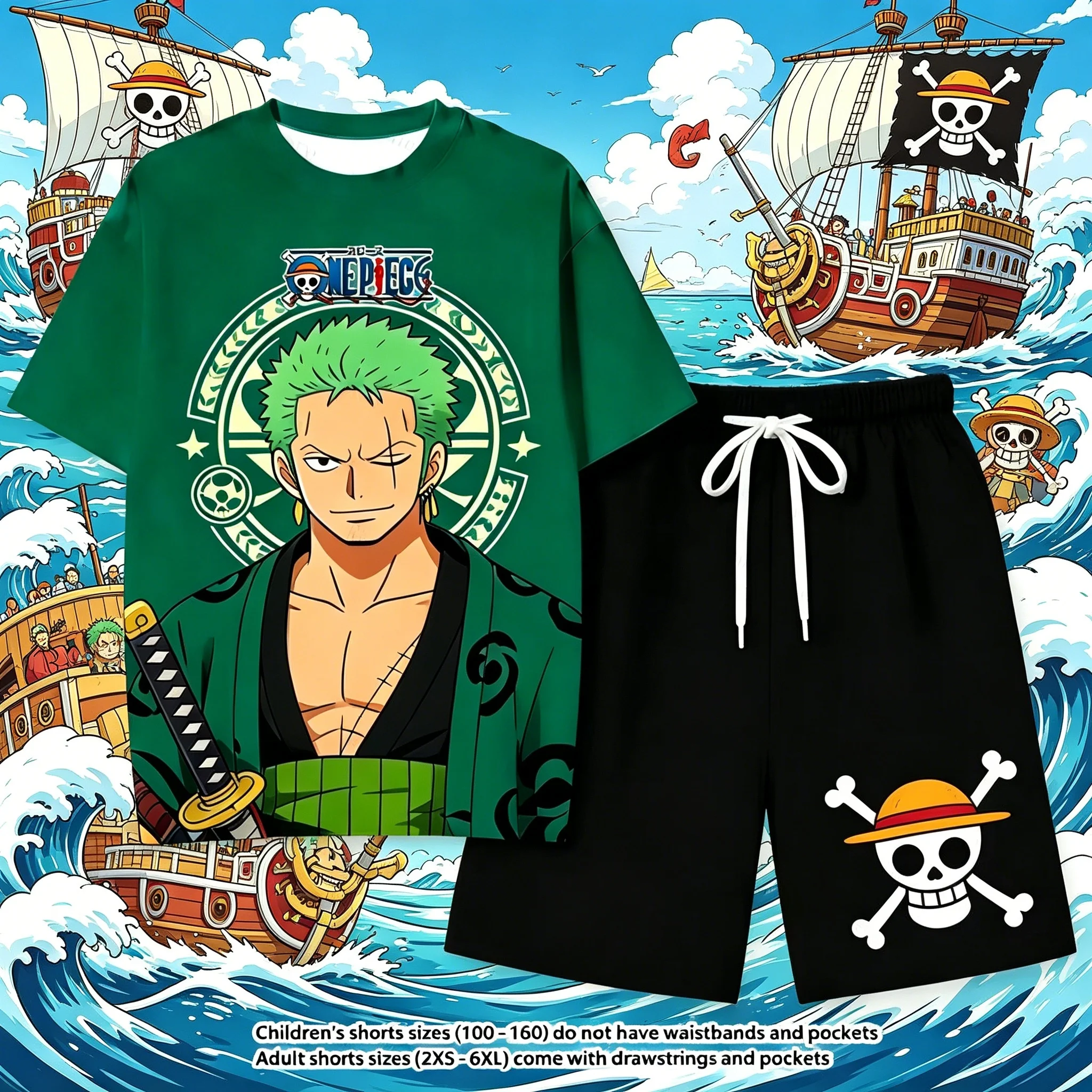 Anime One Piece Zoro Ace bedrucktes Kurzarm-T-Shirt und Shorts-Set, Unisex, für Kinder und Erwachsene, entspannter Alltags-Loungewear-Anzug für zu Hause