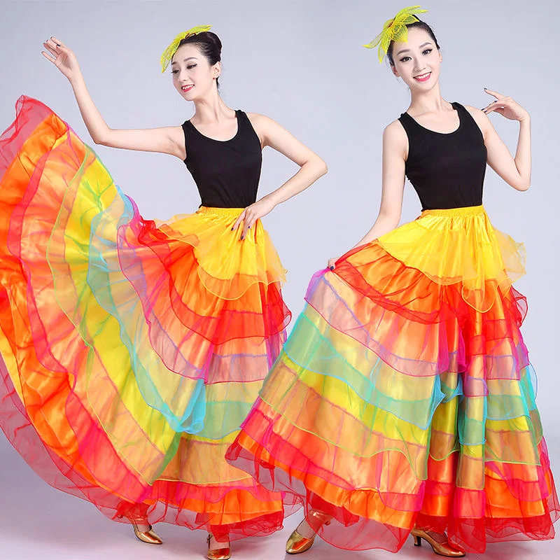 Jupe Flamenco espagnole pour femmes, lisse, grande balançoire, couture en dentelle, fête de carnaval, salle de bal, Costumes de danse du ventre gitane, 360 – 720