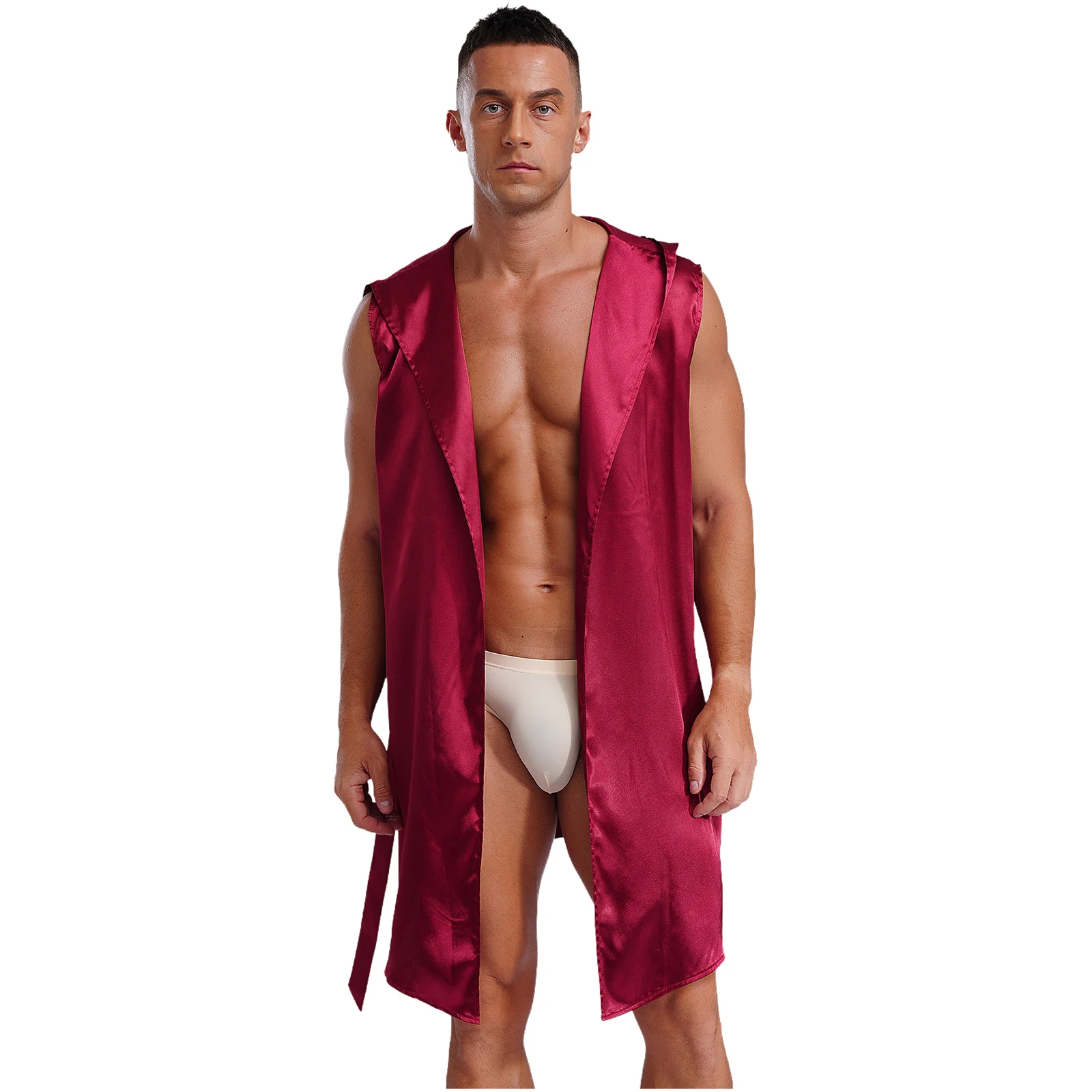 

Men Satin Hooded Night Robe Pajama Sleeveless Open Front Lace Up Nightgown Bathrobe with Belt Sissy Sleepwear Nightwear Homewear