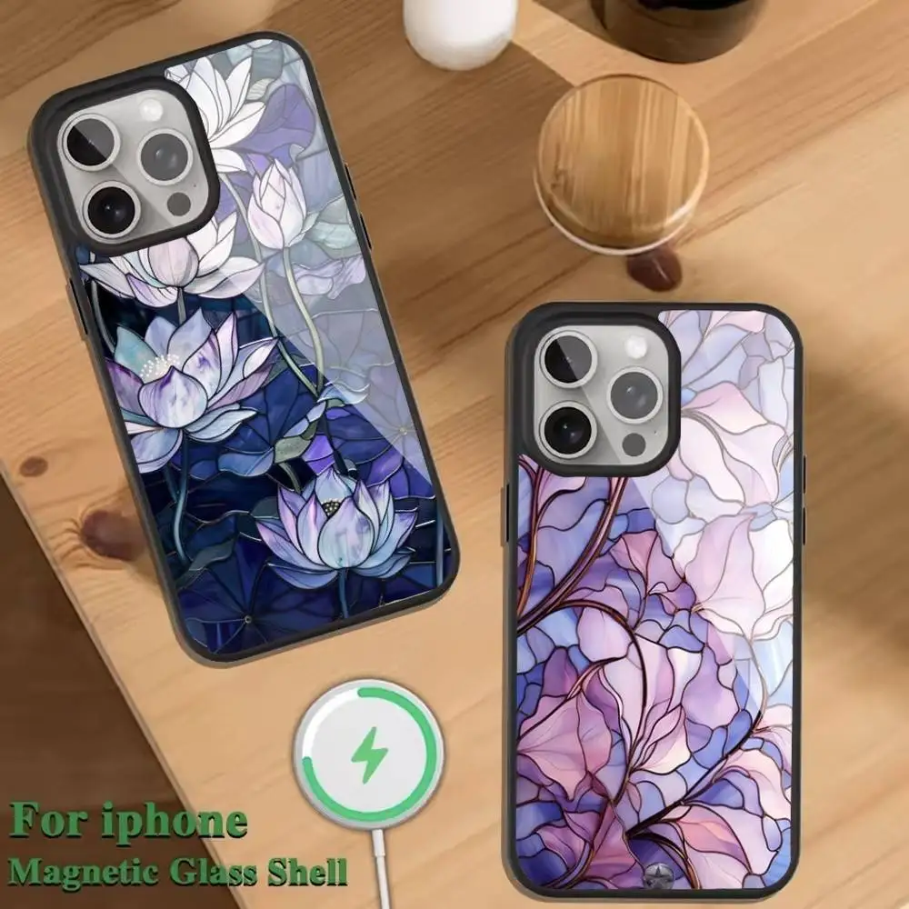 

Artistic flower carving Phone Case For Magnetic Wireless Charge Cover For iphone 16 15 14 13 12 11 Pro Max Plus Coque