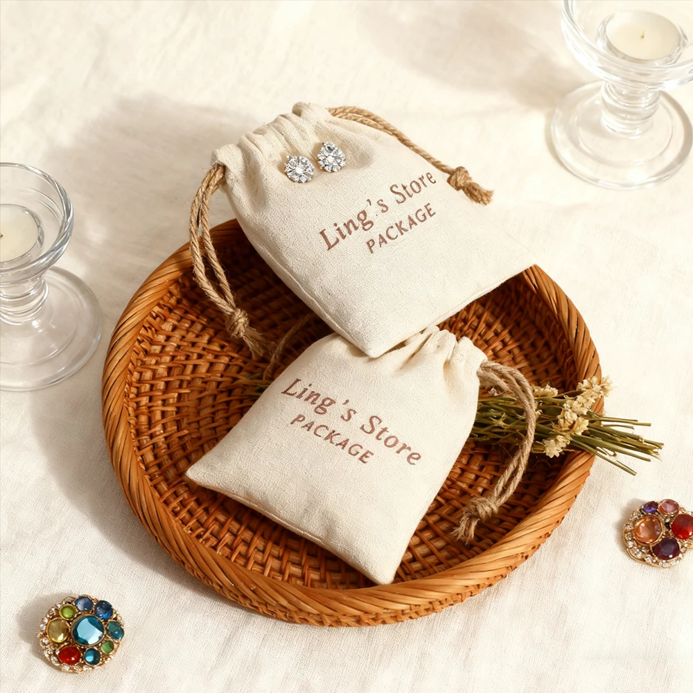 

100Pcs Personalized Logo Jewelry Muslin Drawstring Gift Bag Cotton Canvas Pouches For Earring Bracelet Cosmetic Lipstick Storage