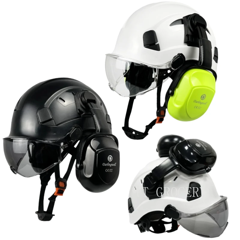 CE Construction Safety Helmet With Goggles Visor Ear Muffs  ABS Hard Hat ANSI Industrial Work Head Protection Rescue