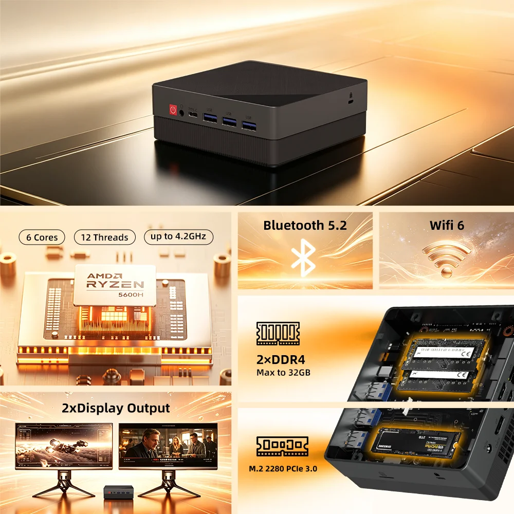 TexHoo AMD Ryzen 5 5600H Dual DDR4 Slot 3200Mhz Wifi6 M.2 2280 Dual Protocol SSD 2*HDMI+DP Mini PC Diy Gaming Computer Dual LAN