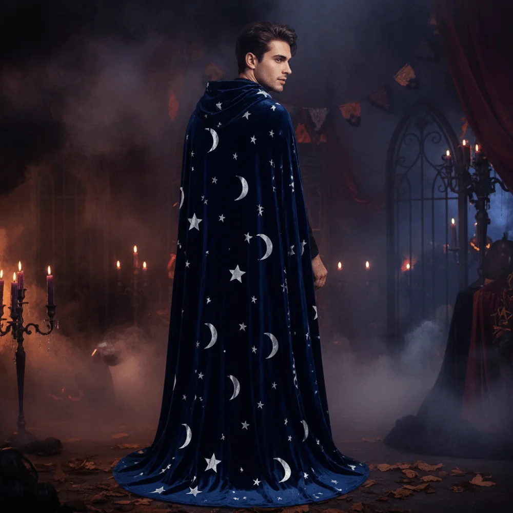Tie Up Closure Velvet Hooded Cloak Soft Fabric Flowy Drape Star Moon Cape Wrinkle Resistant Foil Printed Gothic Party Apparel
