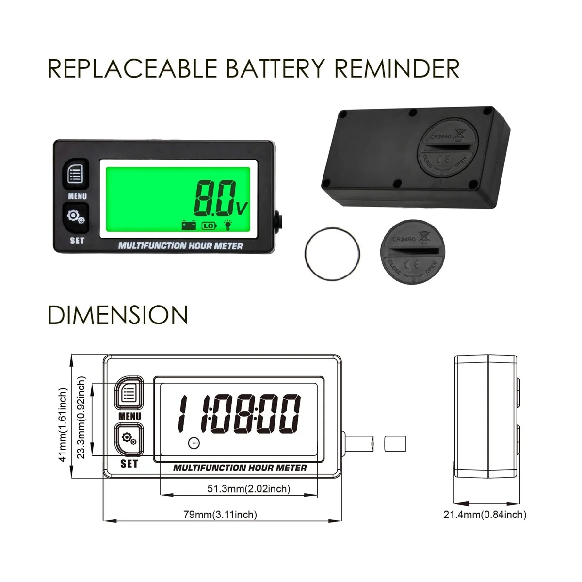 LCD Digital Hourmeter Tachometer Engine Thermometer Replaceable Clock for Motorcycle ATV Marine Boat Gasoline