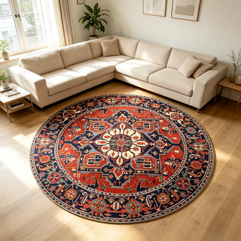 Vintage Mandala Round Boho Area Rug Non‑Slip Soft Circular Carpet for Living Room Bedroom Apartment Home Decor Machine Washable