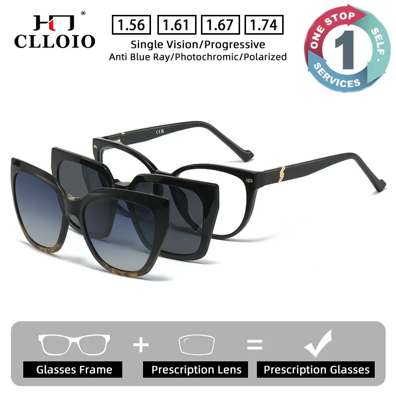 CLLOIO Magnet 3-in-1 Clip Prescription Glasses Anti Blue Light Driving Polarized TR90 Myopia Glasses Progressive Reading Eyewear