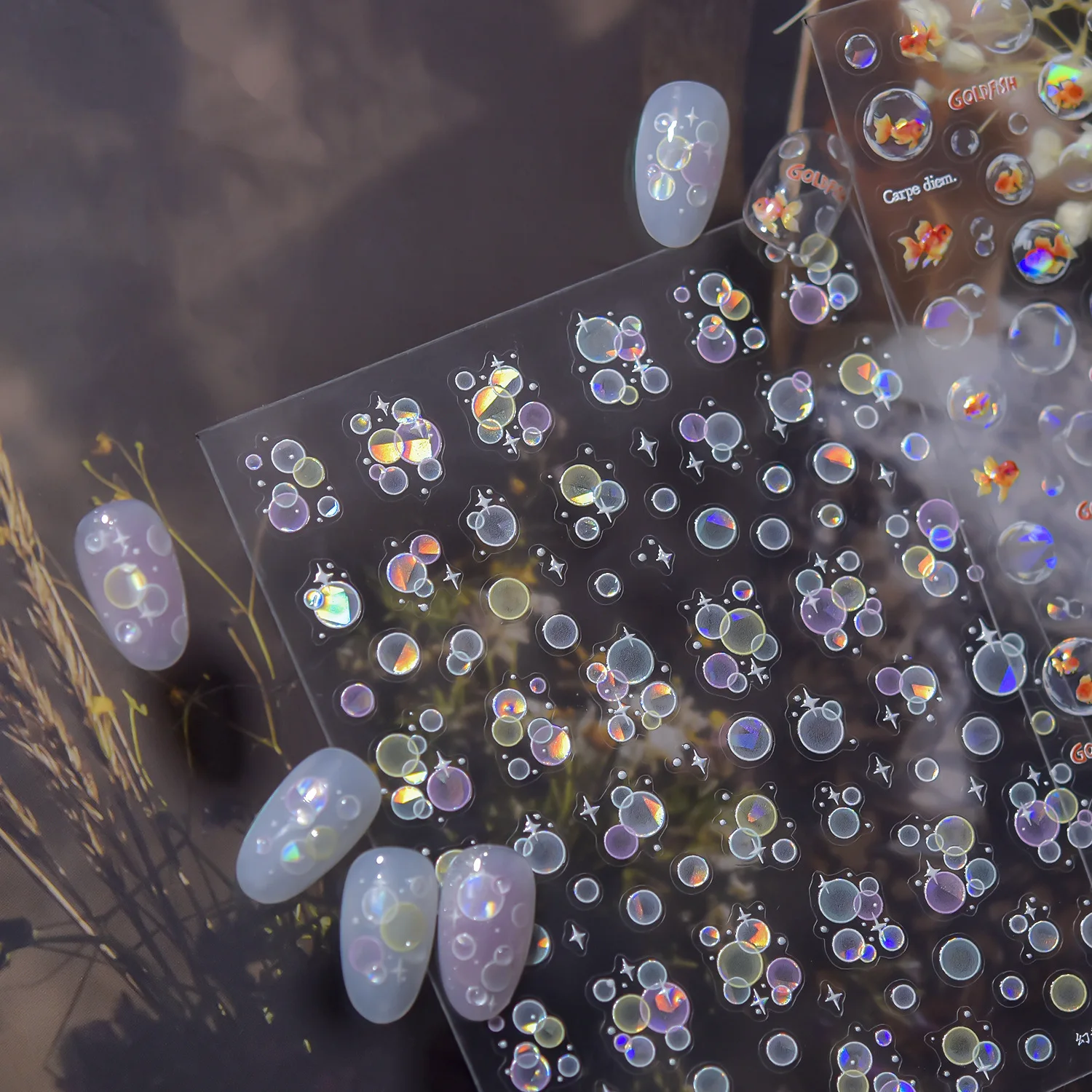 Colorful Bubbles Laser Shattered Glass Effect Nail Art Stickers Rainbow Bagful Goldfish 5D Decals Self Adhesive Manicure Sliders