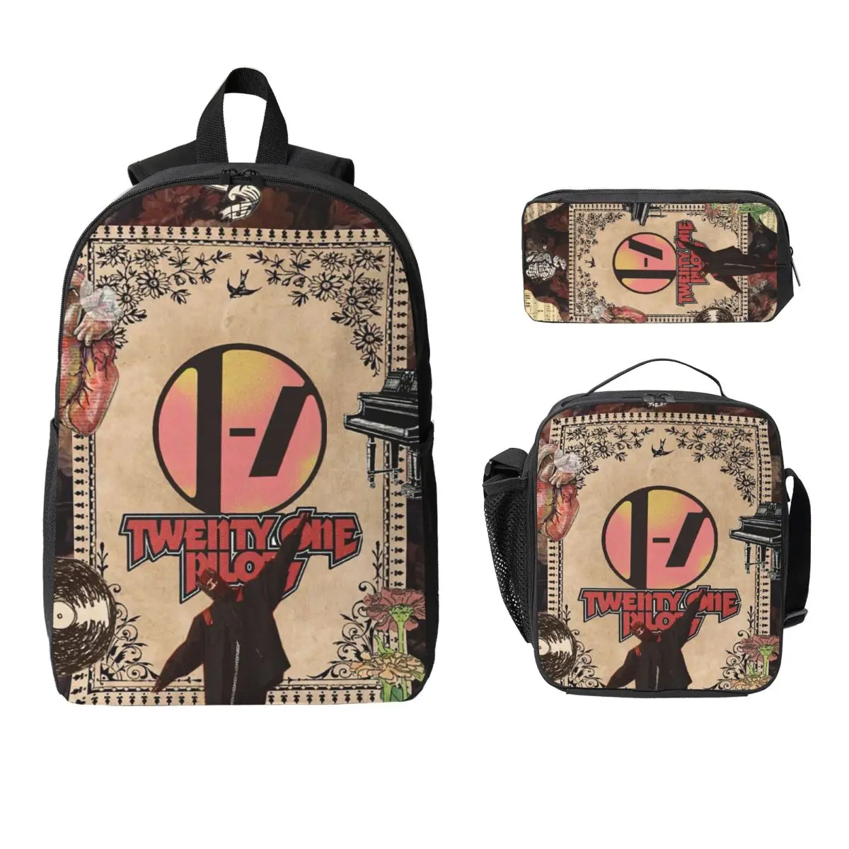 

Twenty One Pilots Backpack Student Boys Girls BookBag School Bag Laptop Shoulder Bags 3ps Insulated Lunch Bag Pencil Case