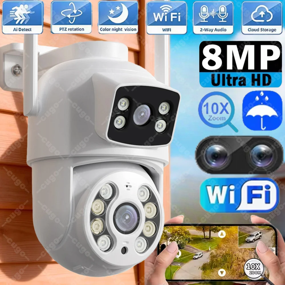 8mpデュアルレンズwifiカメラptz屋外4kワイヤレスデュアルスクリーンセキュリティカメラ自動追跡監視防水ストリートカメラ