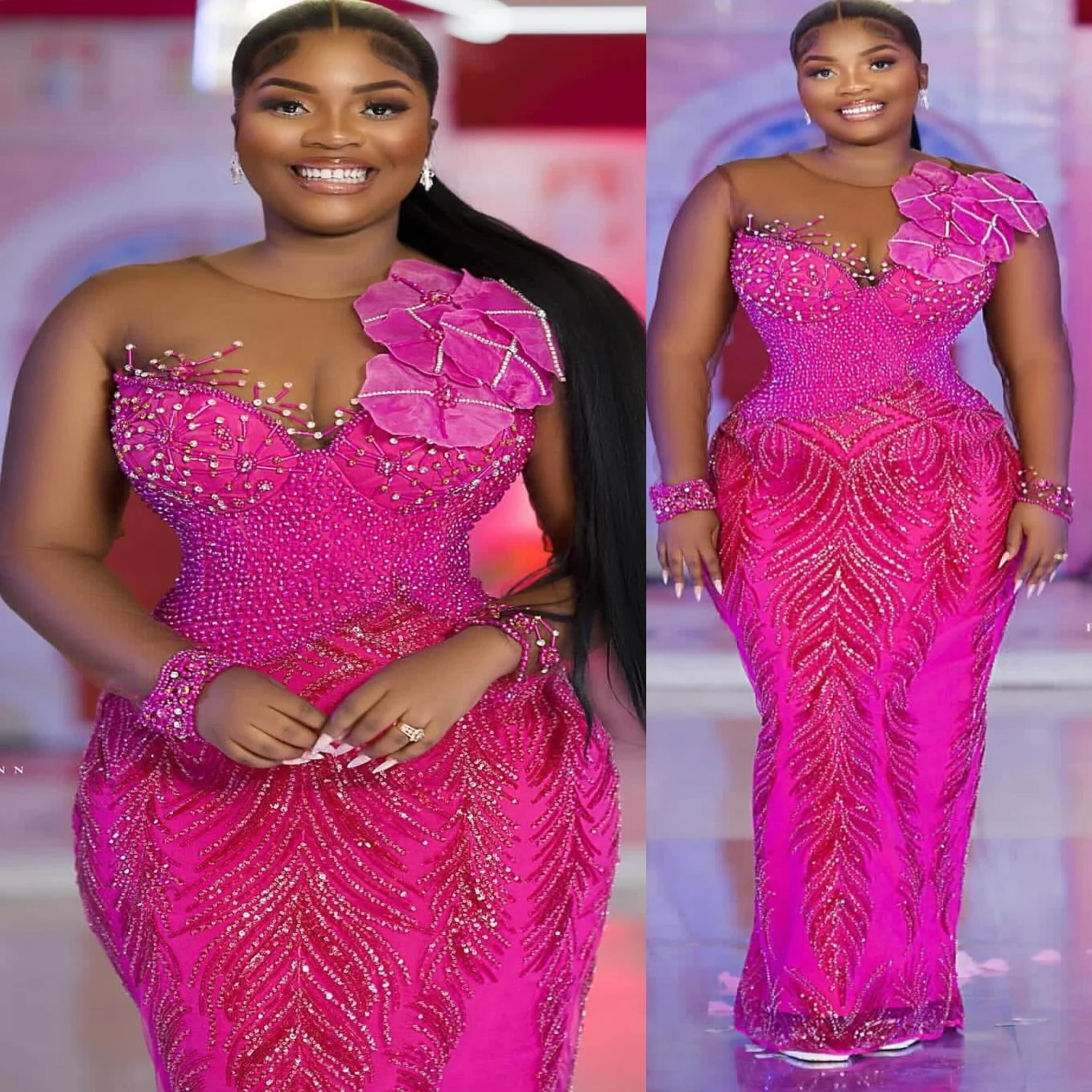 

Sheath Fuchsia 2026 Prom Dresses Flowers Beaded Crystals Sheer Neck Evening Formal Party Birthday Gowns Dresses ZJ2677