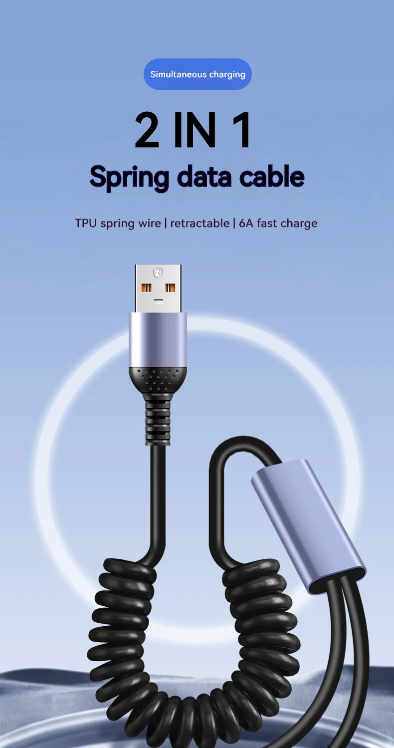 كابل بيانات زنبركي سريع الشحن ، نوع C و USB الصغير ، سلك سلك مطاطي لـ xiao ، huwa ، samng ، سيارة ، 2 في 1 ، 6A