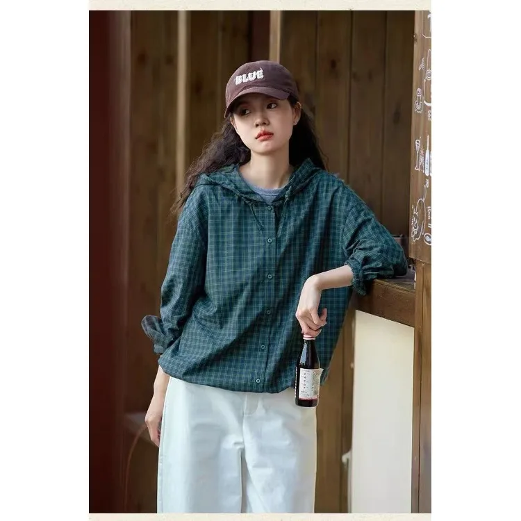 

High-End Lightweight Women's irt 2026 Spring New Vintage Casual Plaid Hooded Coat Breathable Comfortable Long Sve for La...