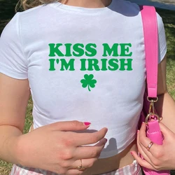Kiss Me I'm Irish Baby Tee Irish Shirts Women's Fitted Tee St Patricks Day Cropped Top Harajuku 90s Retro Baby Tees
