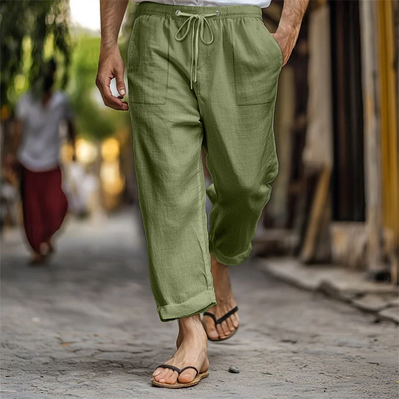 spring summer Men's Elastic waist drawstring Pocket Casual Linen Beach Pants Mens Breathable Trousers Loose straight-leg pants