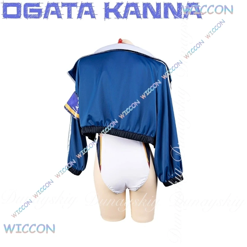 Traje de baño blanco y azul, juego de archivo Moe/azul, Ogata Kanna, Cosplay con peluca larga dorada clara con abrigo azul, disfraz de Cosplay completo