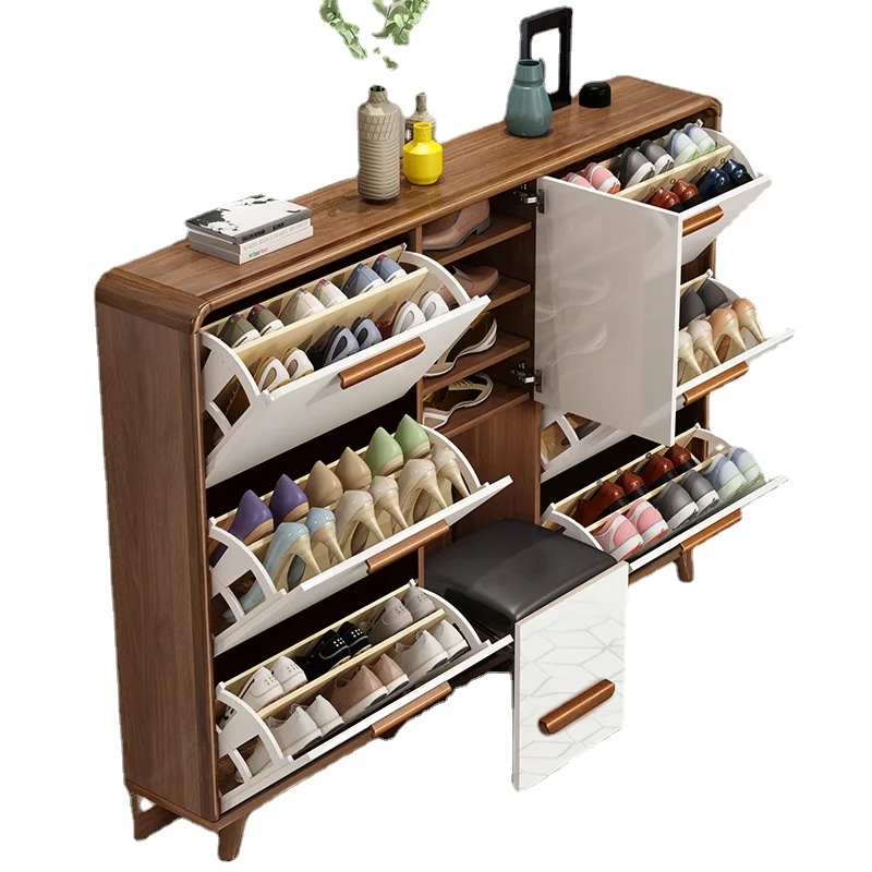 Hxl Solid Wood Frame Ultra-Thin Tilting Shoe Cabinet Space-Saving Narrow Shoe Changing Stool Integrated Hallway Storage