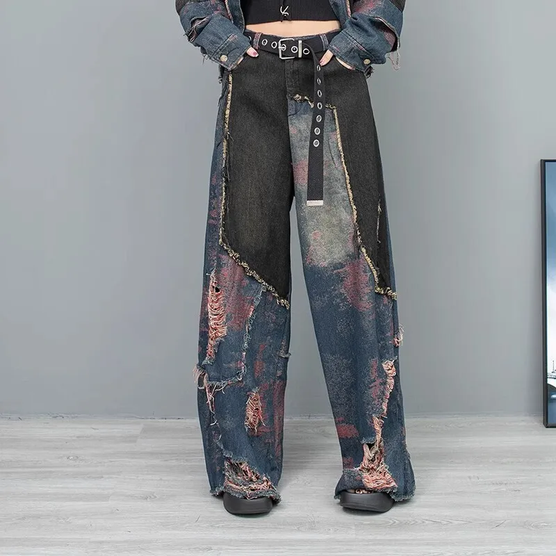 

2024 Autumn New Personalized Burr Edges Holes Wide Leg Pants Women Denim Jeans LX2438