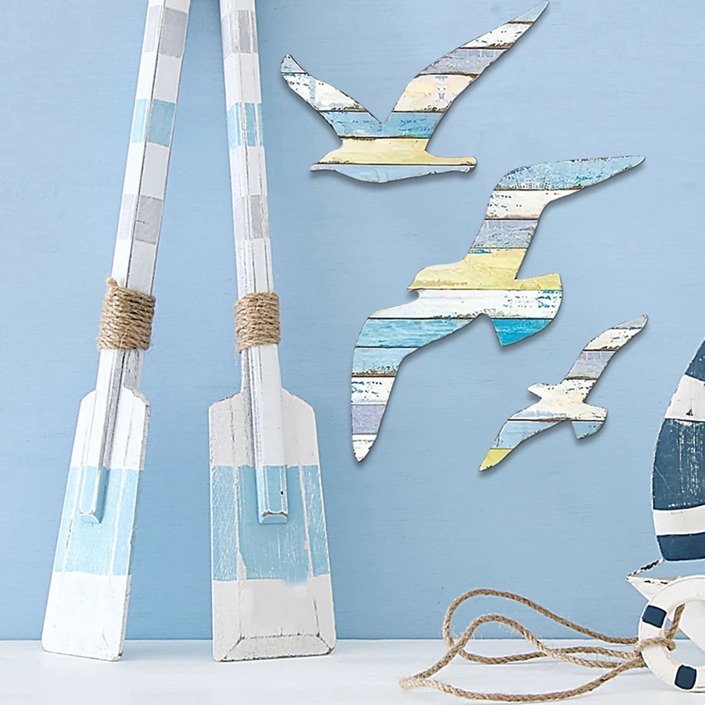 

3 Pcs Seagull Wall Decor Wood Mediterranean Style Mediterranean Wall Decor Coastal Bird Sculpture