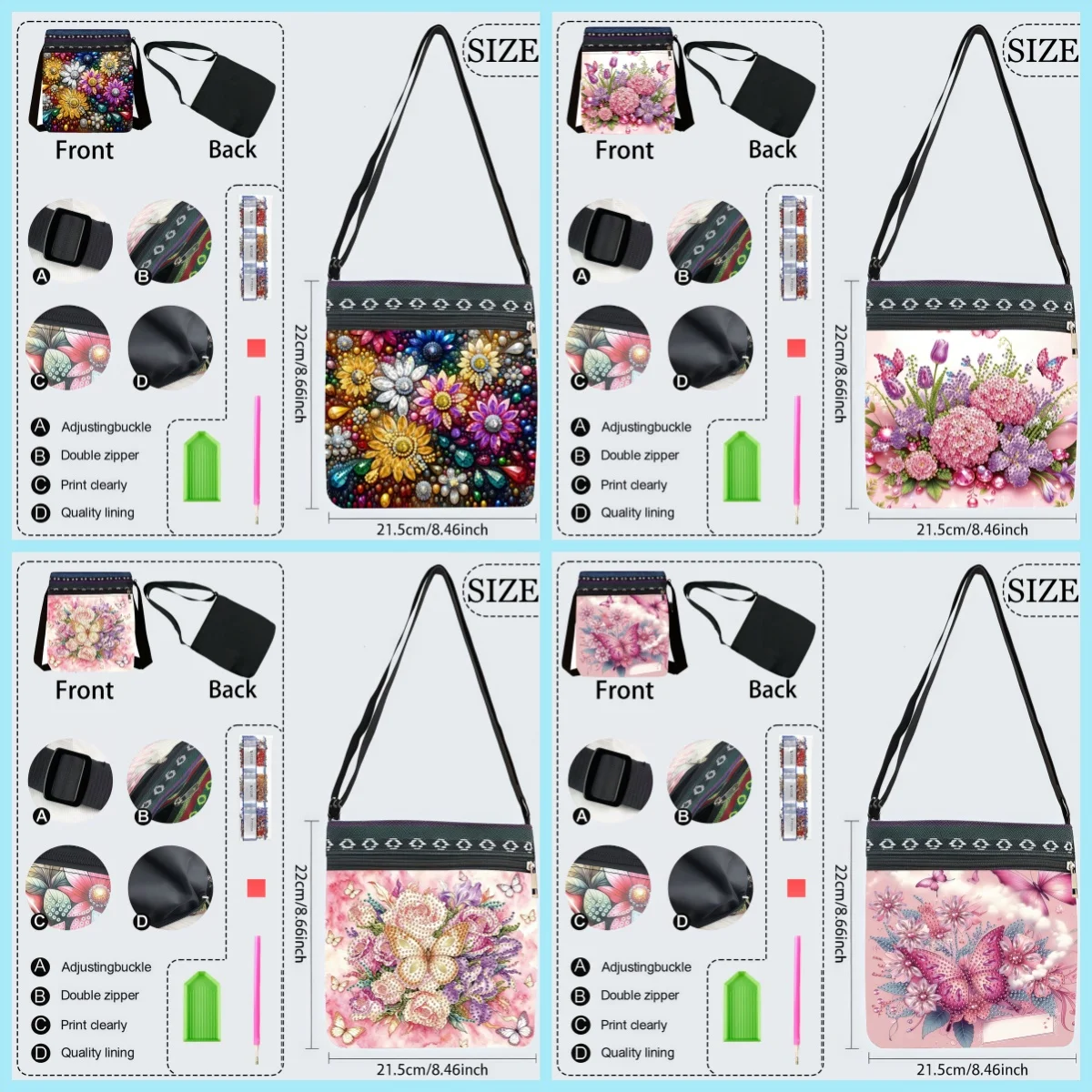 1 Piece of Diamond Painting kit, Messenger bag, flower and Butterfly pattern, canvas Material, carried when Traveling, Holiday g