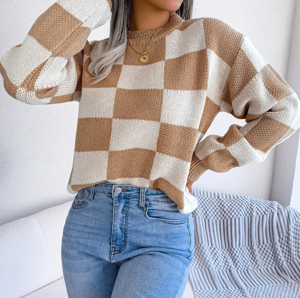 Casual contrasting polka dot checkered lantern sleeve sweater