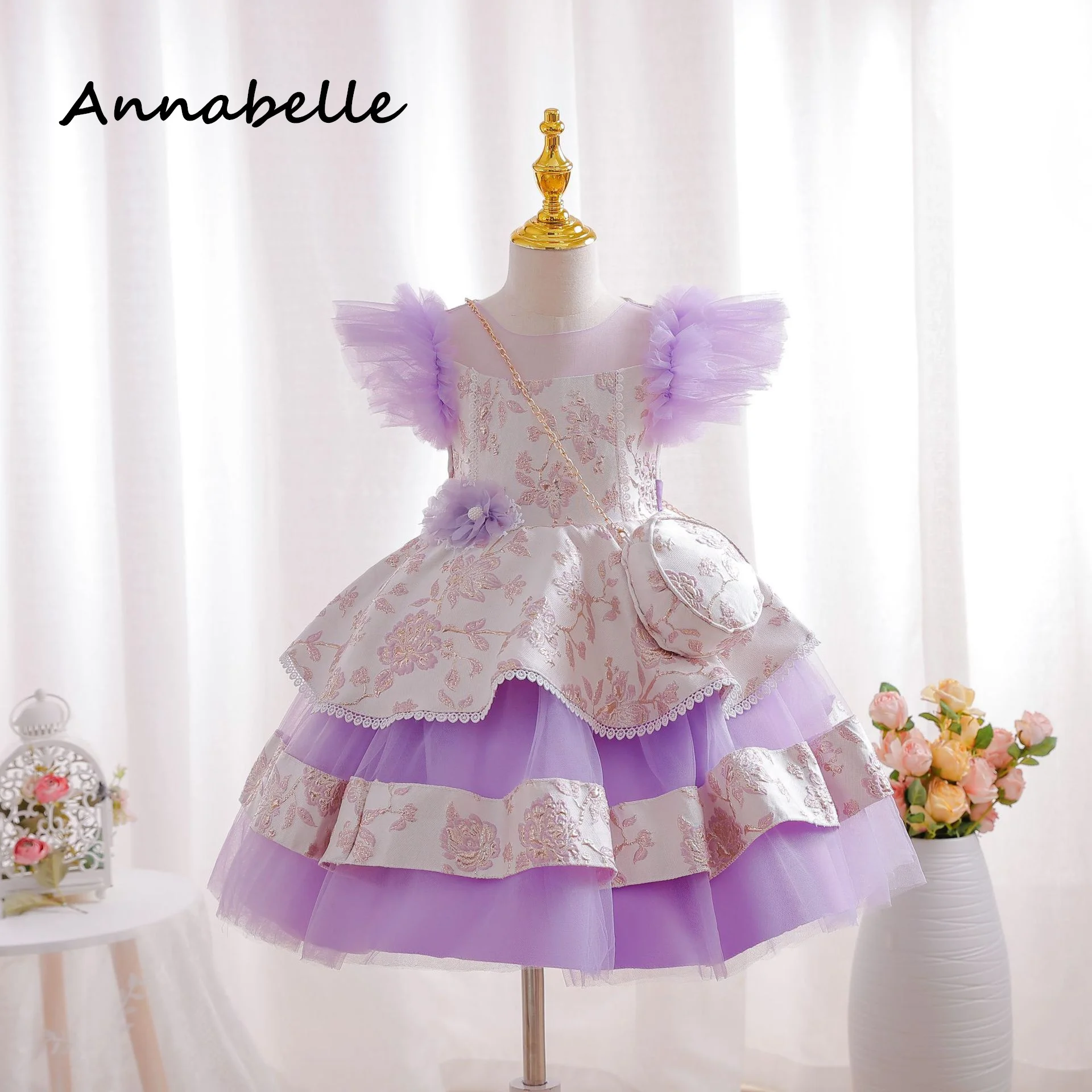 Annabelle Flower Puffy Dress for Baby Girl, vestido arco para festa de casamento, roupas coloridas para crianças