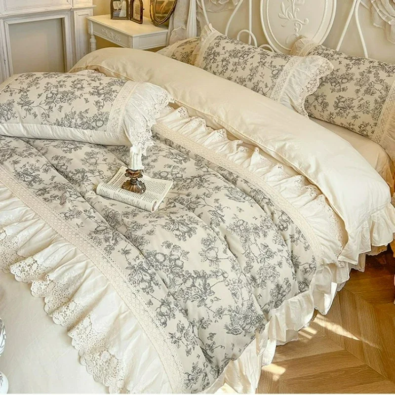 French Style Bedroom Vintage Princess Style All Cotton Four Piece Bed Set Floral Lace Duvet Cover Pure Cotton Bed Skirt Style 6