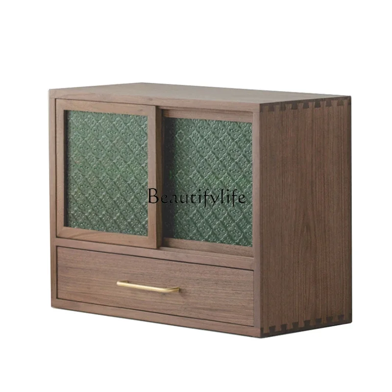 Black Walnut Vintage Begonia Glass Antique Style Storage Cabinet