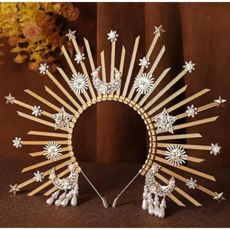 Sunburst Spike Sun Crown-Moon Star Greek Goddess Gold Halo Headband with Tassel,Angel Queen Virgin Mary Headpiece for Women