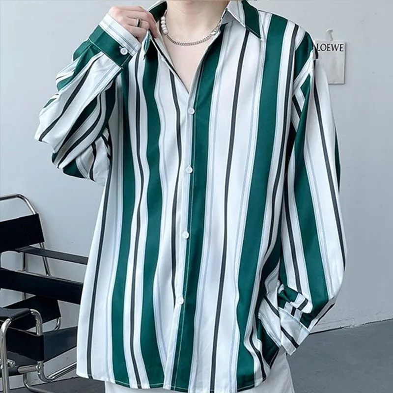 

Spring Summer Men's Clothing Long Sleeve Lapel Striped Printed Fashion Loose Trend Oversized Hong Kong Breeze Handsome Shirt