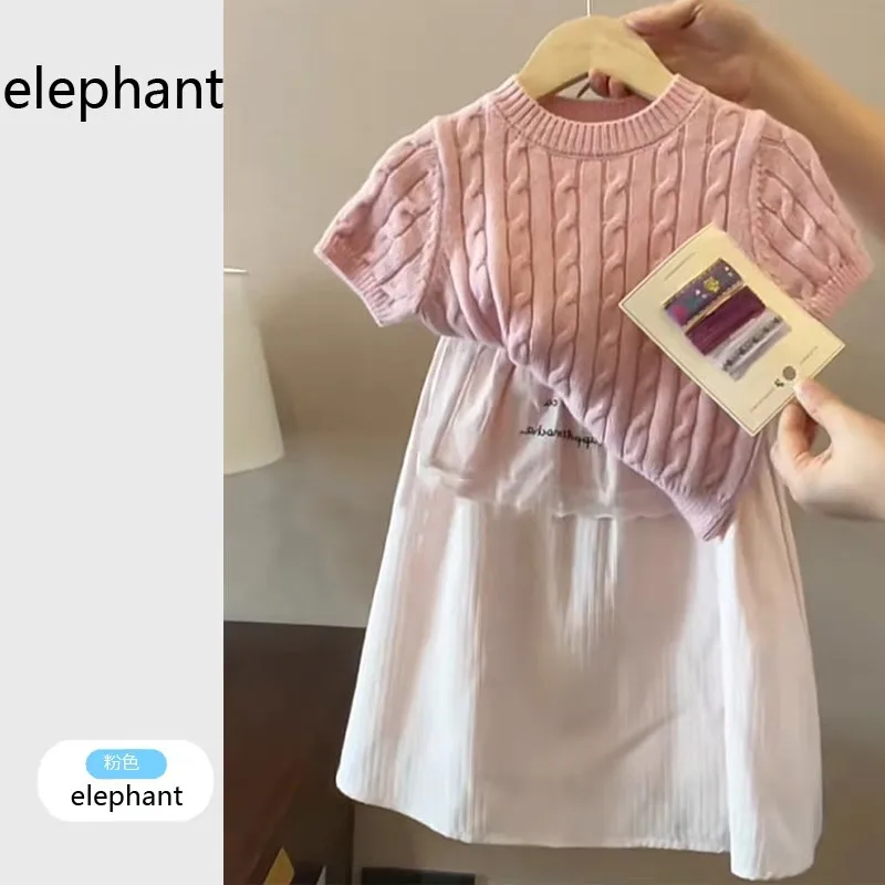 

New Children's Baby Spring/Summer Set Girls' Knitted Shirt Sweet Short Sleeve T-shirt+Skirt 2-piece Set