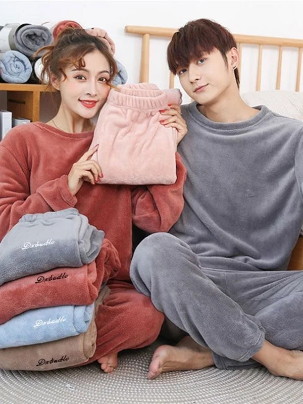 Thickened Fleece Coral Sleepwear Women Winter Warm Loose Home Clothes Set Student Couple plus Size Soft Cozy Pajamas Set