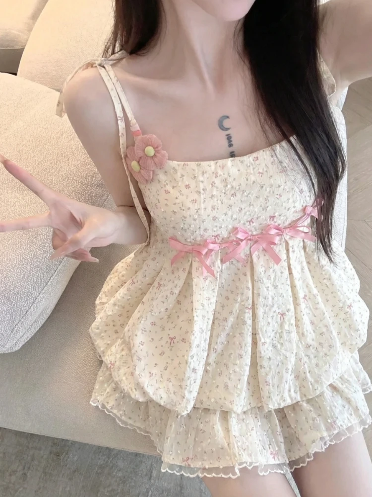 Summer Sweet Cute Princess Floral Dress with Suspenders Set Lace Skirt Small Fresh To Wear Cottagecore Two-piece Suit Women's