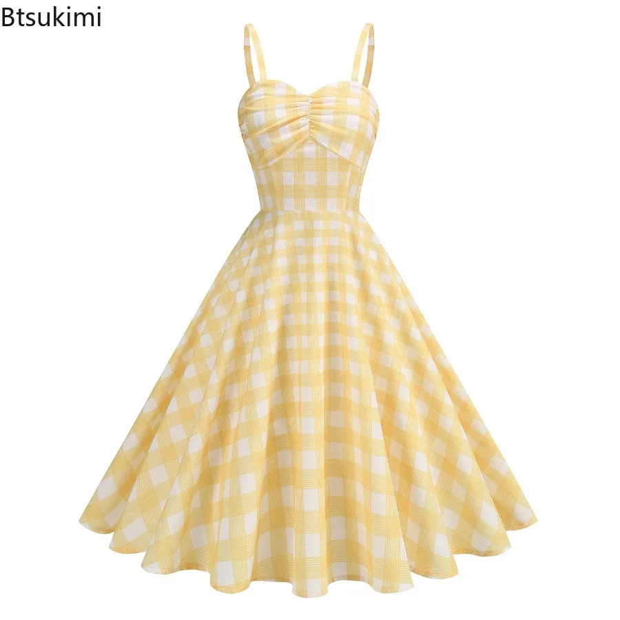 

New 2025 Hepburn Style Women's Vintage Strap Yellow Plaid Suspender Dresses Birthday Clothing Party Backless Summer Dress Ladies