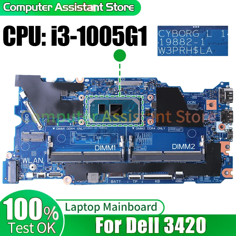 For Dell 3420 Laptop Mainboard 19882-1 02HKD4 i3-1005G1 Notebook Motherboard