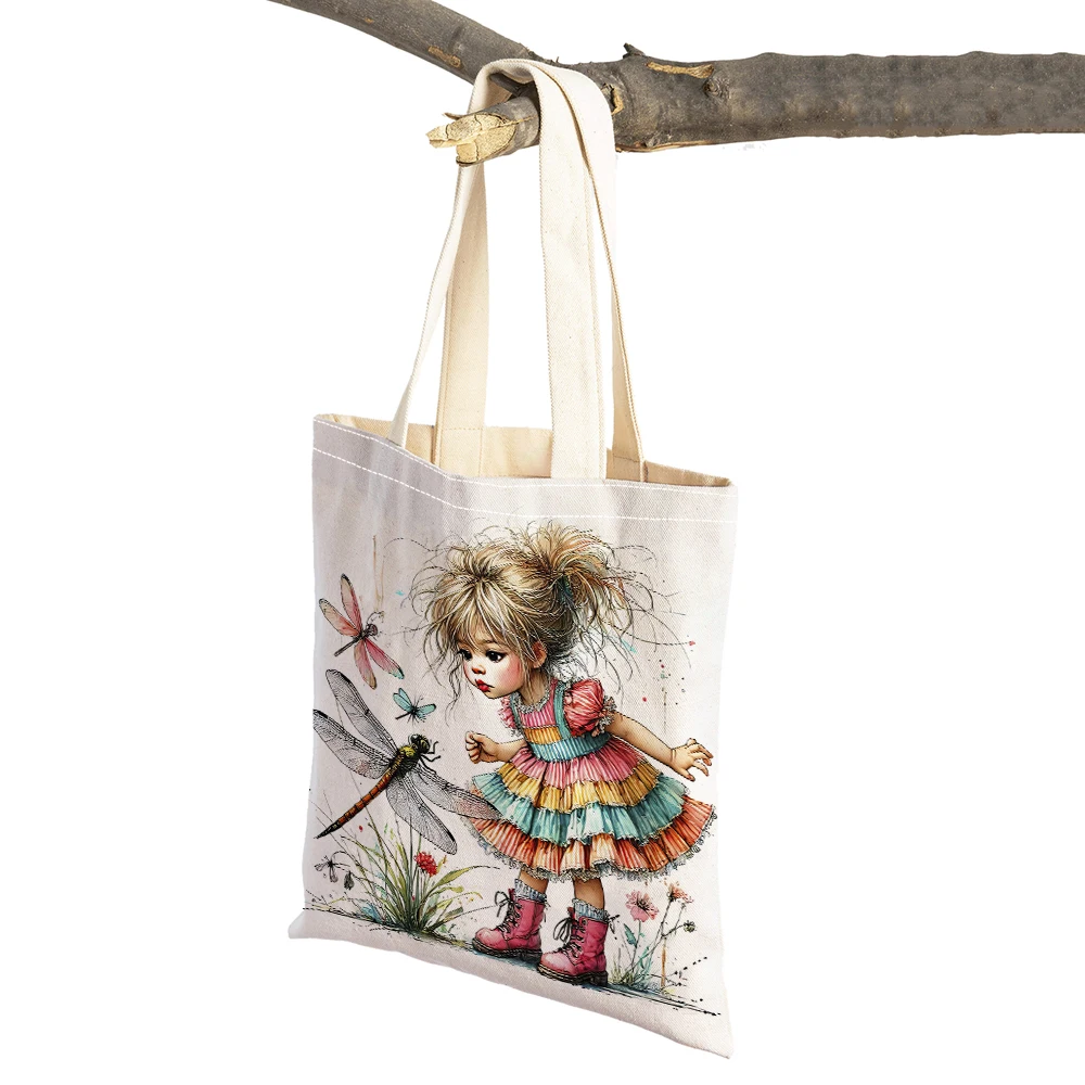 

Casual Cartoon Dragonfly Girl Shopping Bag Flower Plant Women Shopper Bags Double Print Child Gift Lady Tote Shoulder Handbags