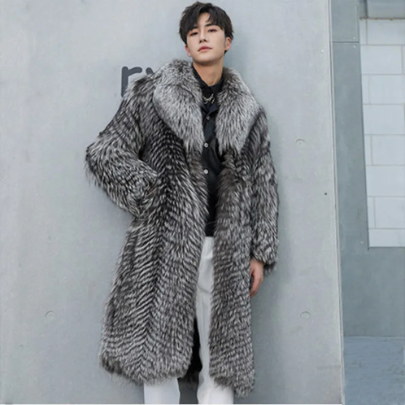 

Luxury Men Winter Faux Fur Coat Warm Fox Fur Trench Coat Fluffy High Quality Faux Fur Jacket Simple Casual Design Soft Versatile