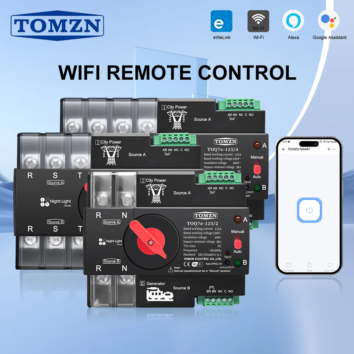 

TOMZN eWelink WIFI smart ATS 2P 3P 4P Timer 230V Dual Power Automatic Transfer Switch Uninterrupted Remote Control 63A 100A 125A