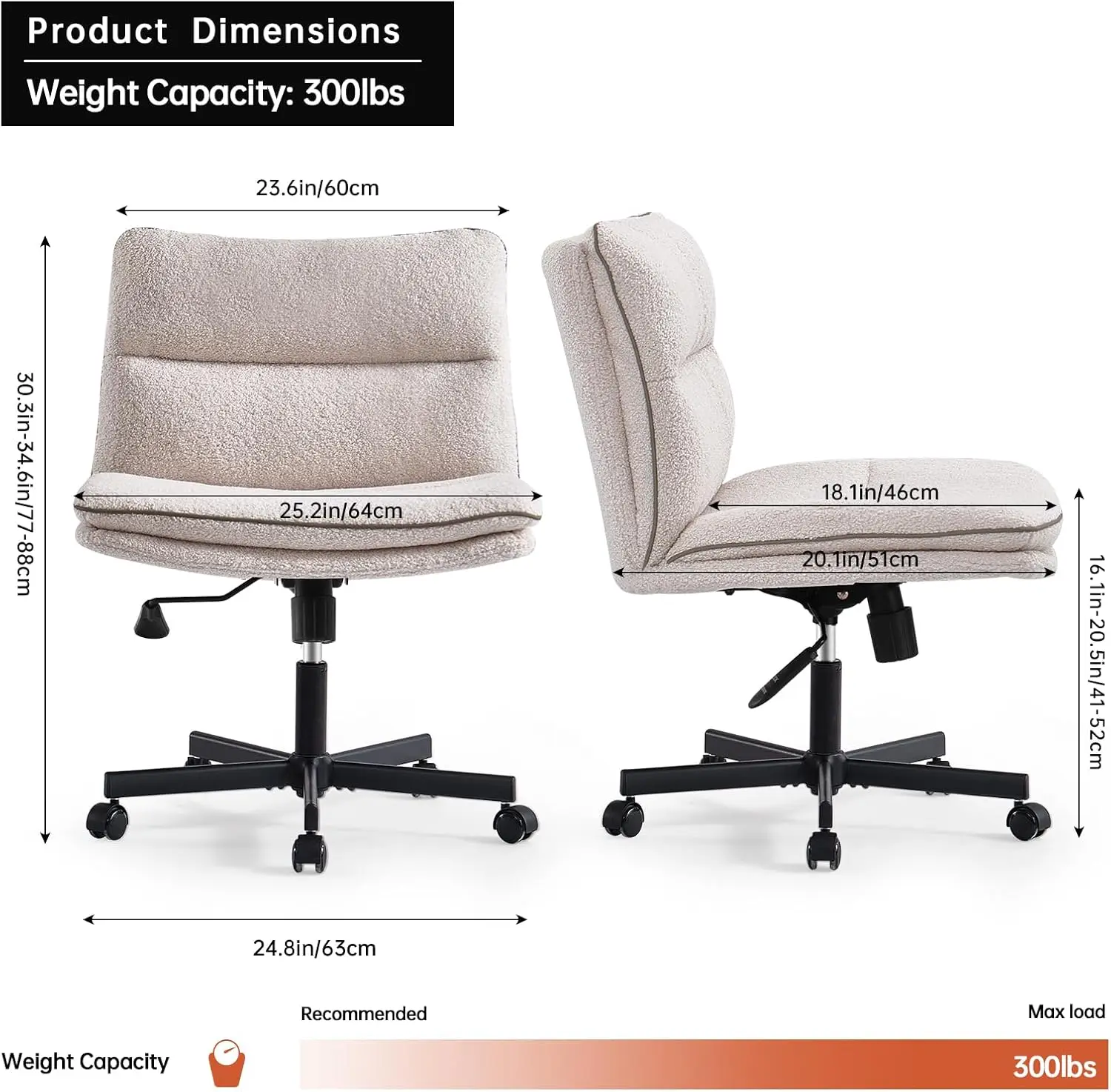 ArmlOffice 휠이 달린 인조 모피 책상 의자, 인체공학적 중간 등받이 조절 가능한 작업 의자, 편안한 회전식 컴퓨터 의자