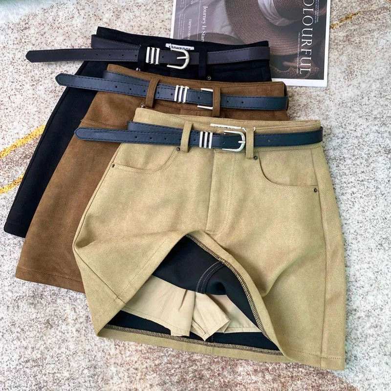 

2025 новые модные замшевые мини-юбки, женские винтажные универсальные уличные коричневые короткие юбки, осенне-зимние юбки трапециевидной формы с высокой талией