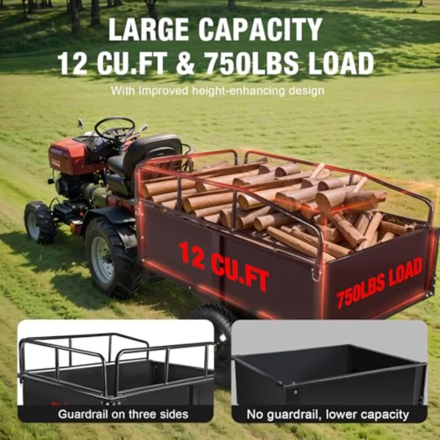 Heavy Duty ATV Trailer Steel Dump Cart: Yard Garden Trailer for Lawn Mower, Tractor, Garden Waste - 750lbs, 12 cu.ft Capacity