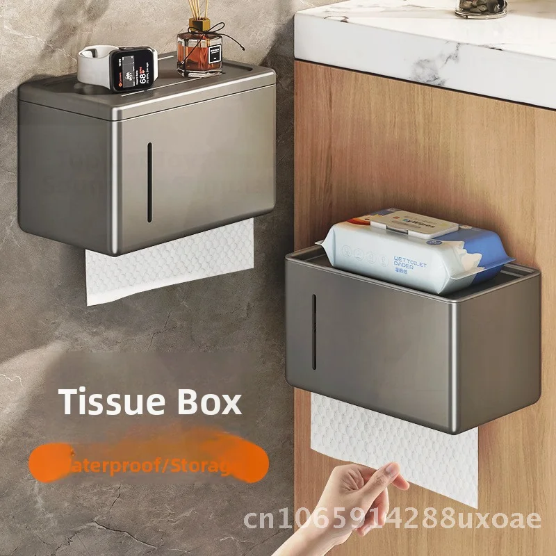 Waterproof Toilet Tissue Box Modern Minimalist Space Aluminum Bathroom Hand Paper Box Roll Paper Compatible Punch-Free Design