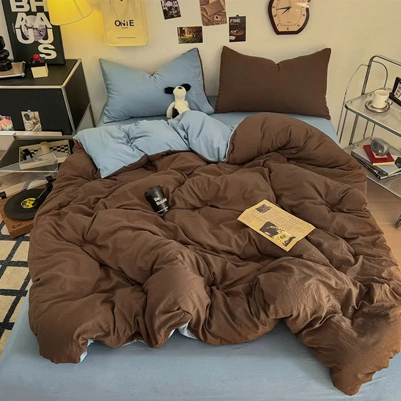Ins Style Washed Cotton Two-Tone Bedding Set Skin-Friendly Soft Contrasting Color Duvet Cover Sets Student Dorm Home Bedclothes