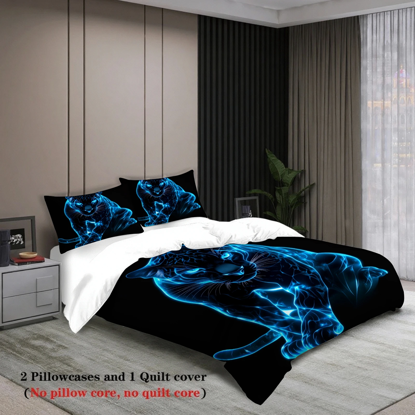 3pcs Panther Bedding Sets 3D Printed Blue Neon Leopard Anti-Slip Durable Duvet Cover Sets With Pillowcases No Filling