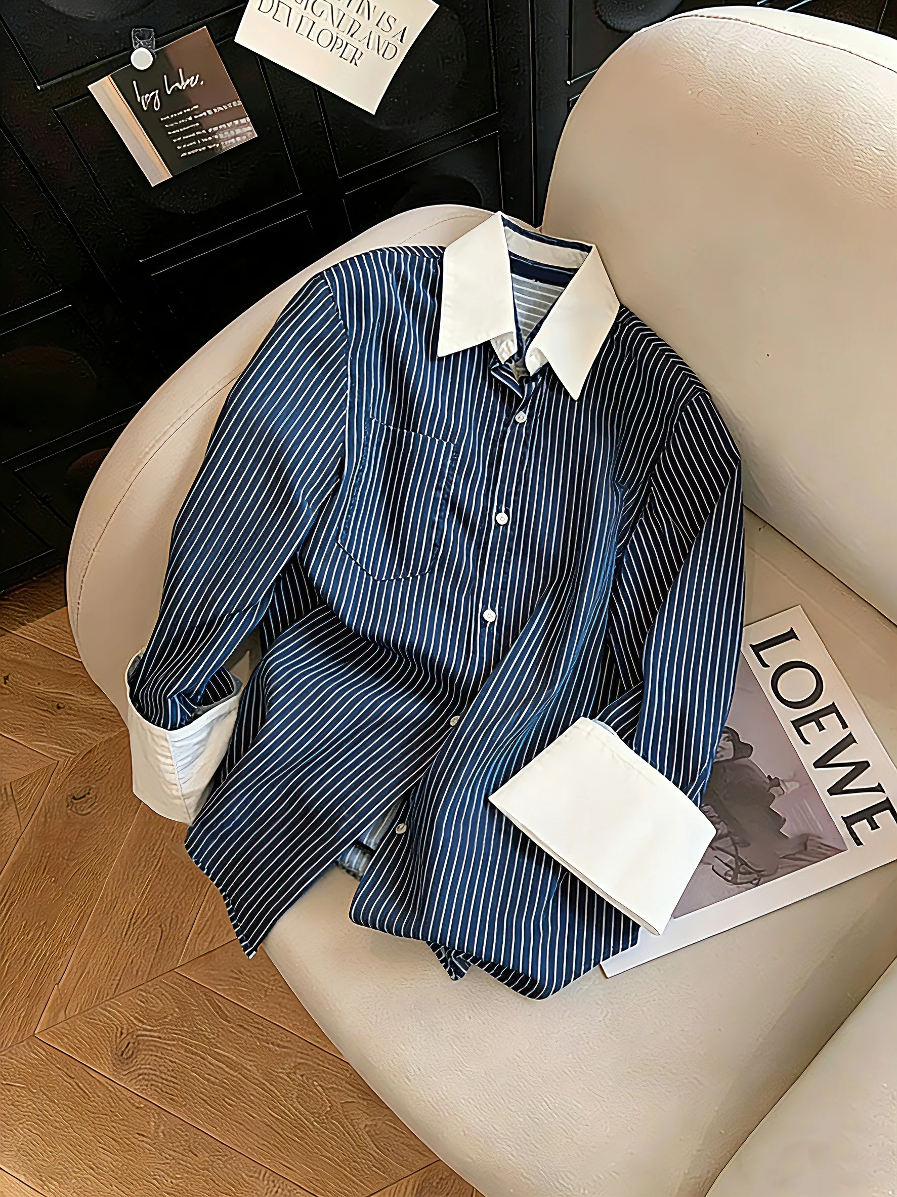 

Рубашка с воротником в корейском стиле ретро, свободного кроя, унисекс, весна-осень, модная, с цветовыми блоками, универсальная, стройнящая рубашка