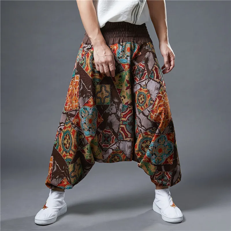 

Summer Vintage Printed Loose Youthful Lantern Pants High Waist Long Trousers Ethnic Sle Casual Loose Fit Big Crotch Trousers