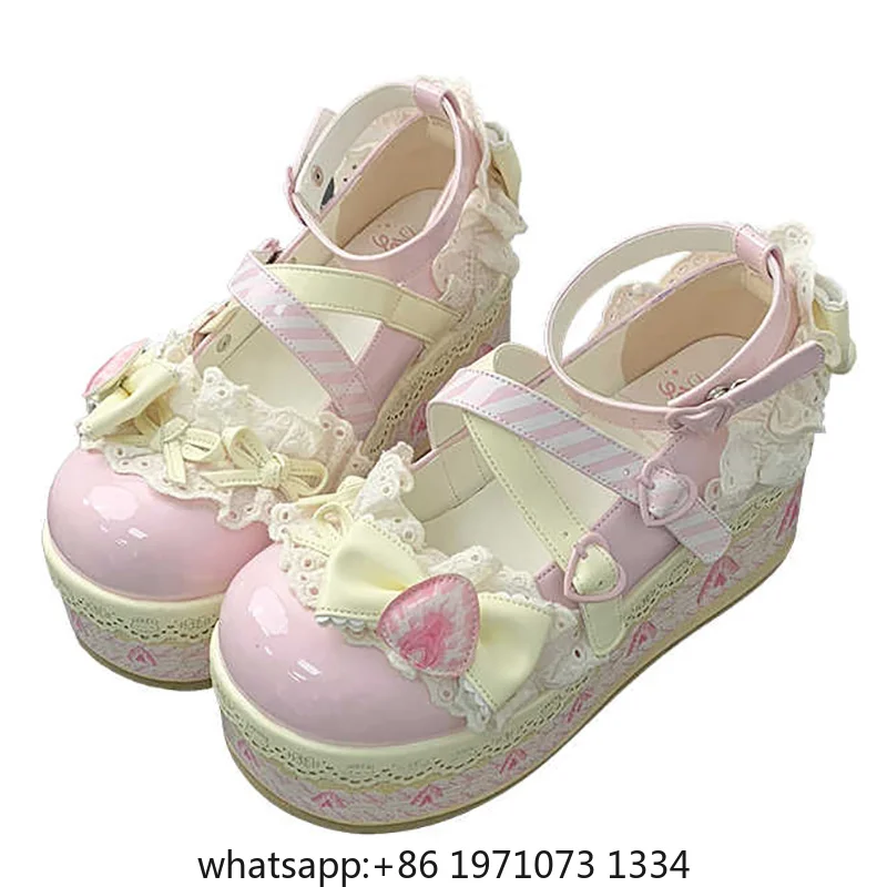 Sweet Girls Lolita Flat Platform ,Female Students Lace Strawberry Bowknots Cute Marry Jane Elevator Shoes