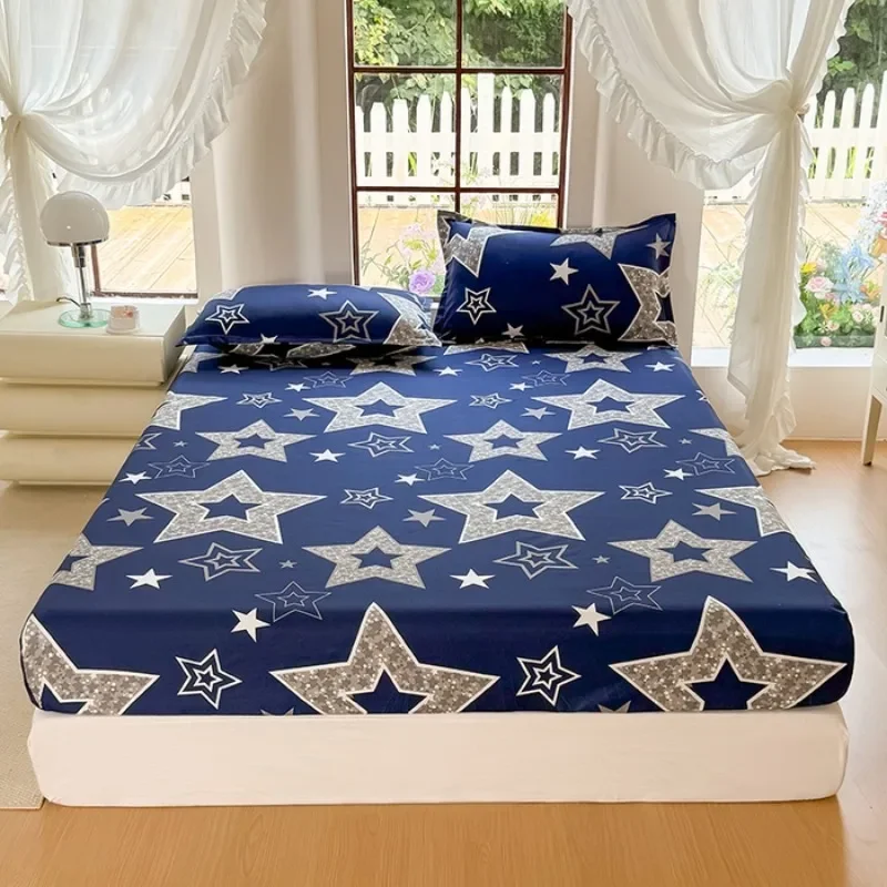 Conjunto de lençóis de cama com estrela azul marinho, 3 peças, conjunto de cama com estampa de estrela glitter e fronhas, lençol de microfibra macia para quarto