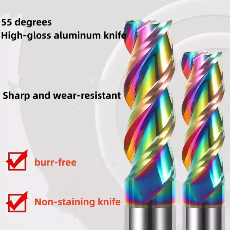 Pisau penggilingan Tungsten Carbide, pisau penggilingan 55 derajat untuk Aluminium 3 galur warna-warni kilau tinggi, mata bor peralatan pemotong CNC